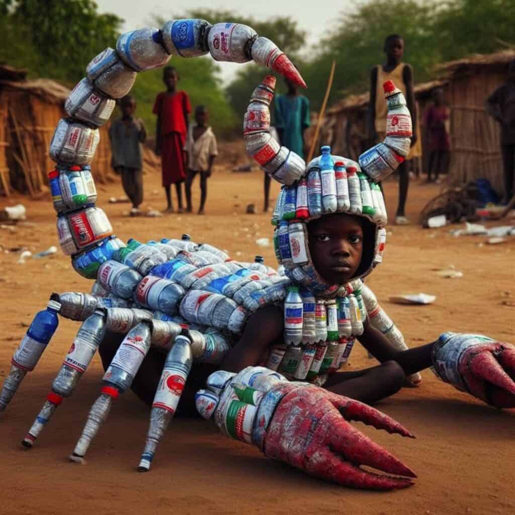 scorpion boy African rubbish tip creative cans plastic bottles