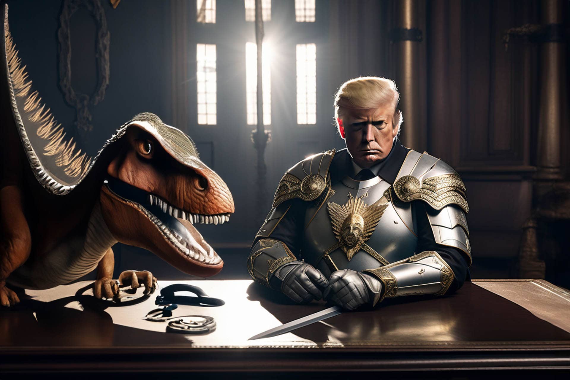 donald trump clad in armour with dinosaur on his desk Andrew King Bromley photographer