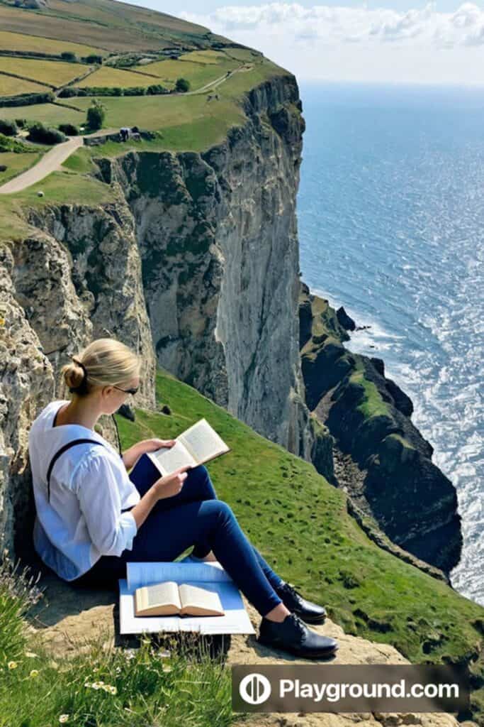 girl on cliffs reading AI image