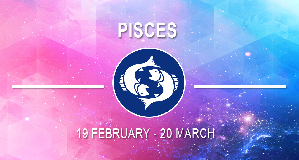 ALT here: A vibrant zodiac sign graphic for Pisces with cosmic background.