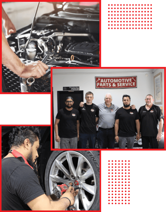 Auto repair technicians working on car engine and tire service.