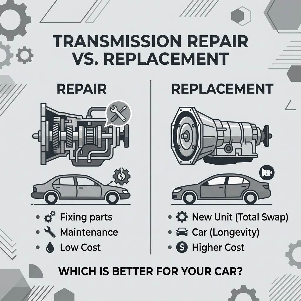 Comparison of transmission repair and replacement services at Boca Auto Service.