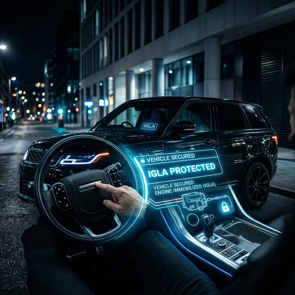 Modern vehicle with IGLA security system and digital interface at night.