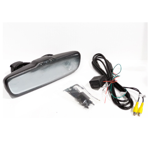 Rearview mirror with wiring kit for vehicle customization and safety enhancement.