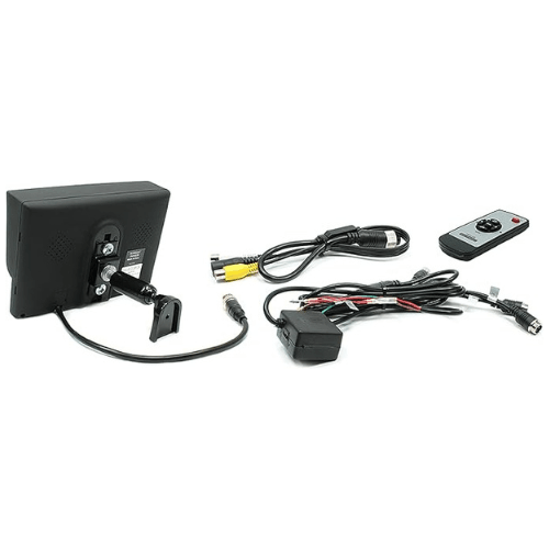 Electronic device with remote, cables, and monitor for home automation or entertainment system.