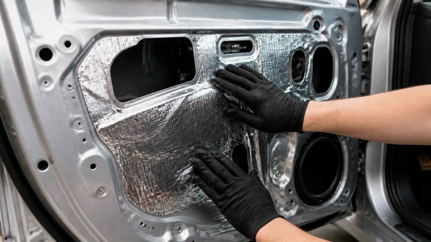 Professional car door soundproofing installation with reflective insulation material.
