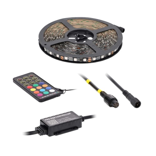 LED strip lights with remote control and power adapter for customizable home lighting solutions.