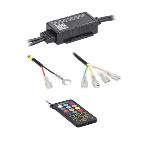 Automotive LED light strip wiring controller with remote for interior lighting.