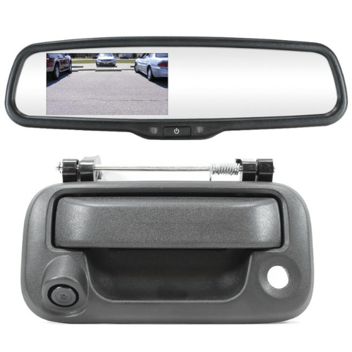 Car rearview mirror replacement with integrated camera and mounting hardware.
