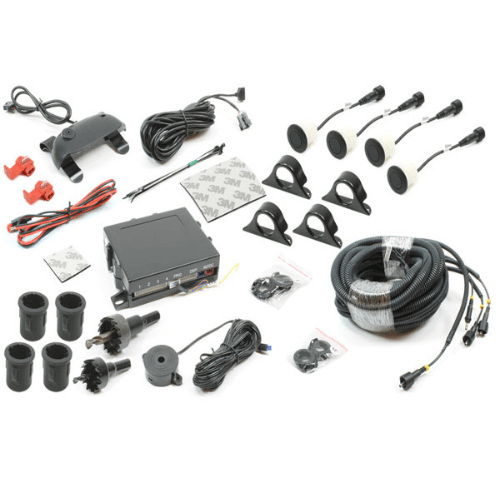 Car security system installation kit with sensors, wiring, and mounting accessories.