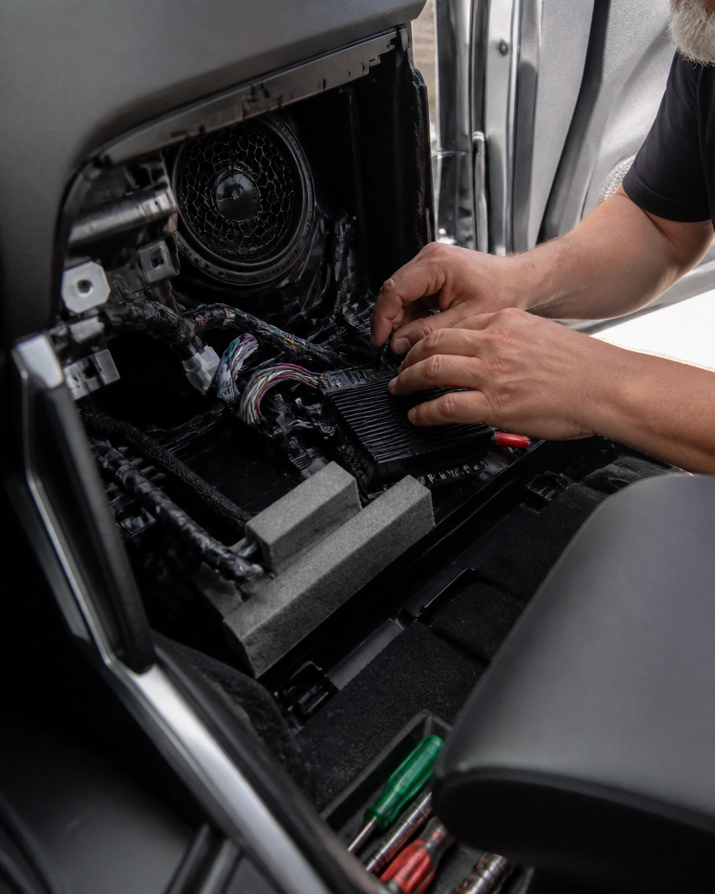 Technician installing car audio components in vehicle dashboard.