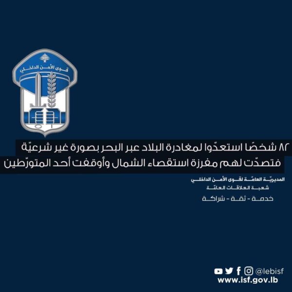 82 شخصًا استعدّوا للمغادرة عبر البحر بصورة غير شرعيّة فتصدّت لهم مفرزة استقصاء الشمال 3 82 شخصًا استعدّوا للمغادرة عبر البحر بصورة غير شرعيّة فتصدّت لهم مفرزة استقصاء الشمال