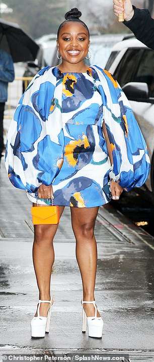 Quinta Brunson stuns in a pair of vibrant blue outfits while hitting the talk show circuit in NYC