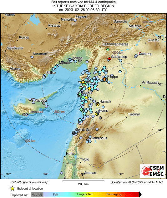 ⁧‫هزة ارضية‬⁩ على حدود ⁧‫سوريا‬⁩ وتركيا‬⁩ فجراً شعر بها سكان شمال لبنان