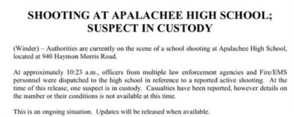 Suspect in custody in shooting at Apalachee High School in Winder, Georgia