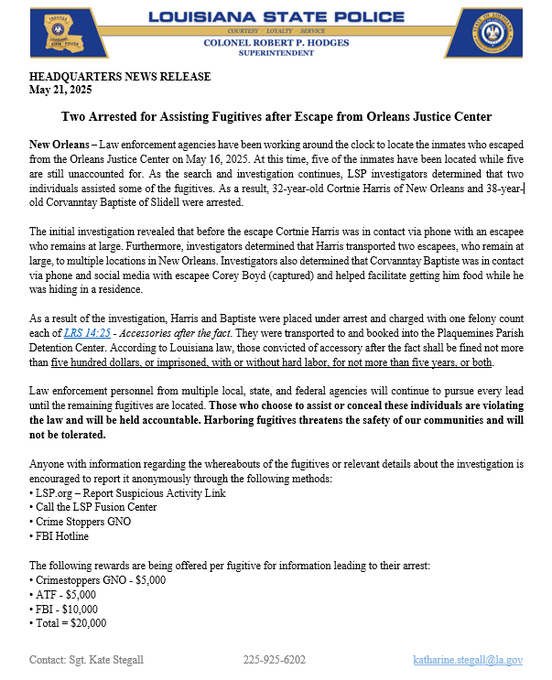 JUST IN: Two Women Arrested for Aiding New Orleans Jail Escapees 3 JUST IN: Two Women Arrested for Aiding New Orleans Jail Escapees