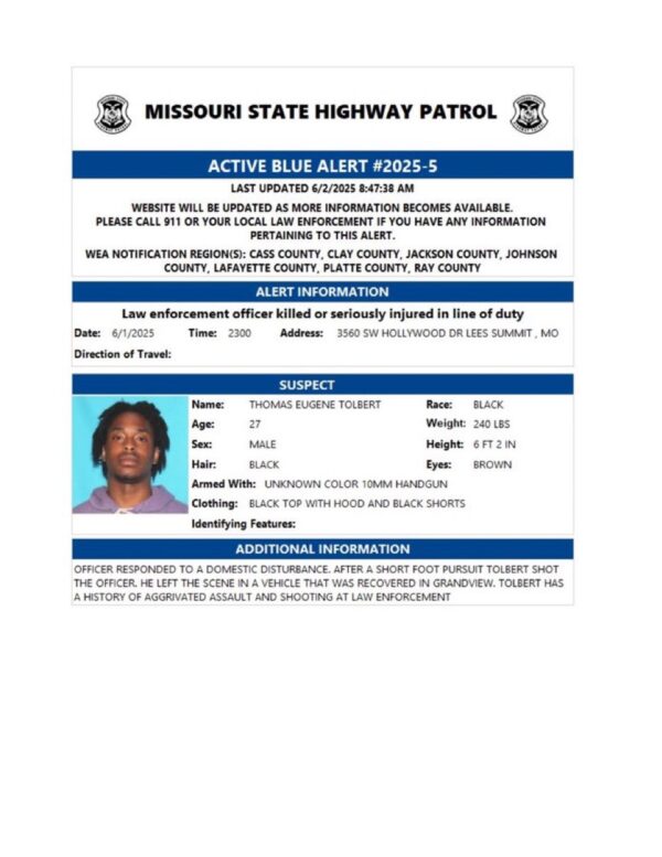 Blue Alert Issued in Missouri: Thomas Eugene Tolbert Wanted for Police Shooting in Lee’s Summit