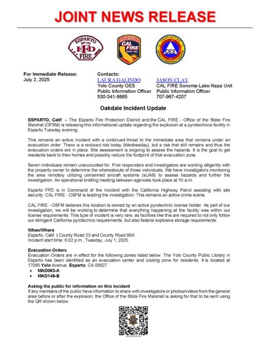 Seven people are “unaccounted for”, following Esparto, California, fireworks facility explosion