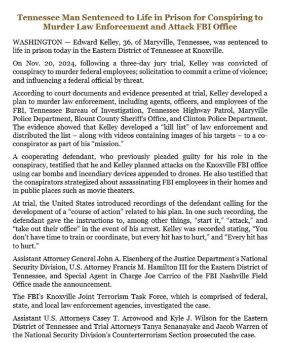 Tennessee Man Sentenced to Life in Prison for Plotting to Kill FBI Agents Over Capitol Riot Investigation