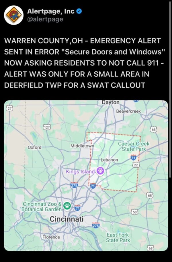 Emergency Alert in Warren County, Ohio Sent by Mistake, Officials Urge Public Not to Call 911 3 Warren County emergency alert