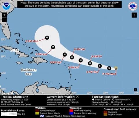 Tropical Storm Erin Advisory 11 Latest Forecast Hurricane Watch Updates