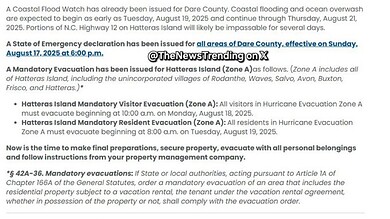 Hurricane Erin Forces Mandatory Evacuation of Zone A in Hatteras Island