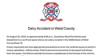 Six Bodies Recovered from Colorado Dairy in Suspected Accident