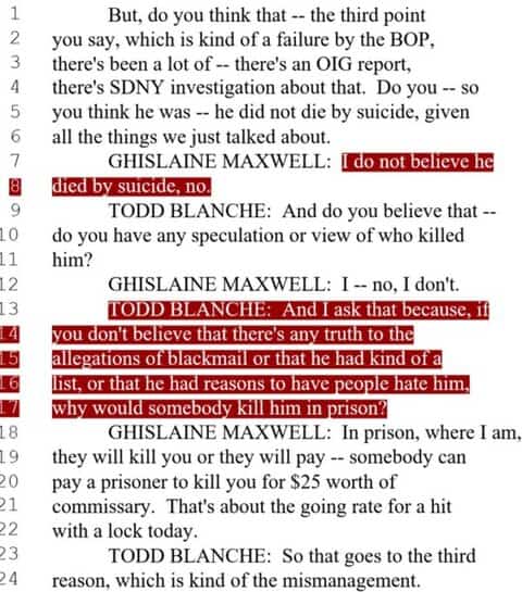 Ghislaine Maxwell says she doesn't believe Epstein killed himself