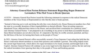 Texas AG Ken Paxton Issues Statement on Texas Democratic Lawmakers’ Quorum-Breaking Flight