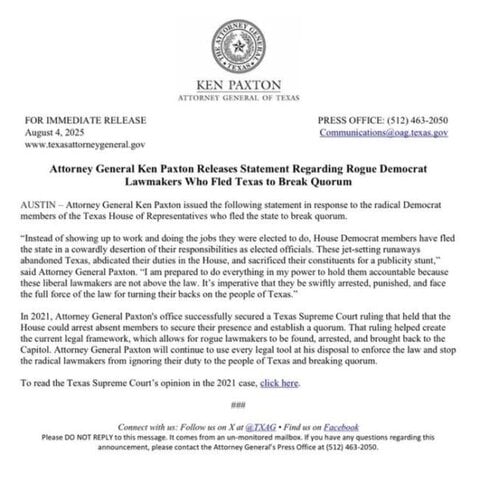Texas AG Ken Paxton Issues Statement on Texas Democratic Lawmakers’ Quorum-Breaking Flight