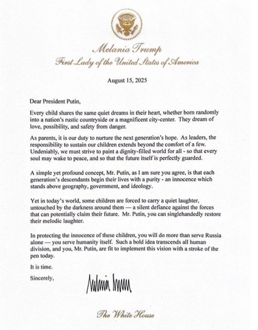 Melania Trump's letter to Vladimir Putin: