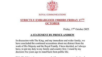 Prince Andrew to Relinquish All Titles and Honours, Including Duke of York