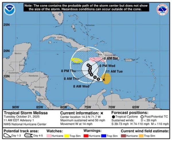 Tropical Storm Melissa Forms in Central Caribbean, Hurricane Watch Issued for Haiti 1 Tropical Storm Melissa Forms in Central Caribbean, Hurricane Watch Issued for Haiti