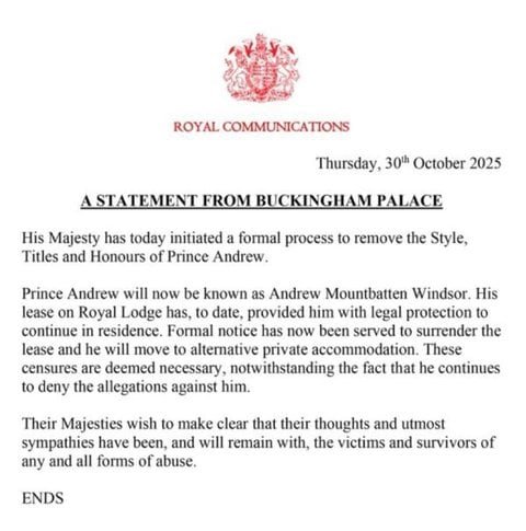 Prince Andrew stripped of all royal titles