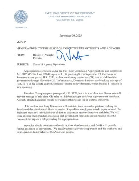 Government Shutdown 2025: OMB Orders Agencies to Execute Shutdown Plans