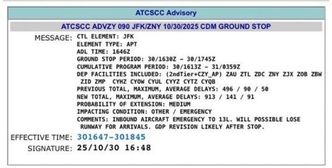 Ground Stop Issued at New York JFK Airport Following Aircraft Emergency 1 Ground Stop Issued at New York JFK Airport Following Aircraft Emergency