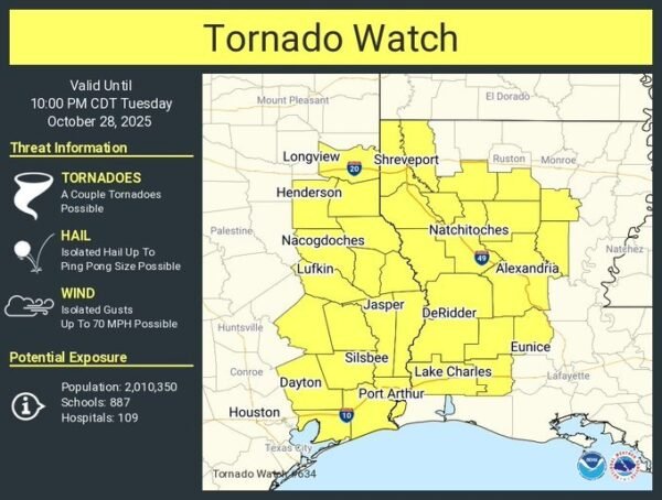 A Tornado Watch has been issued for parts of Eastern Texas & Louisiana