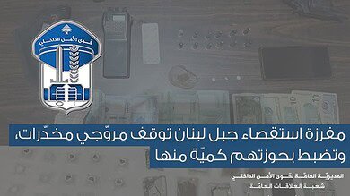مفرزة استقصاء جبل لبنان توقف شبكة مروّجي مخدرات وتضبط أسلحة