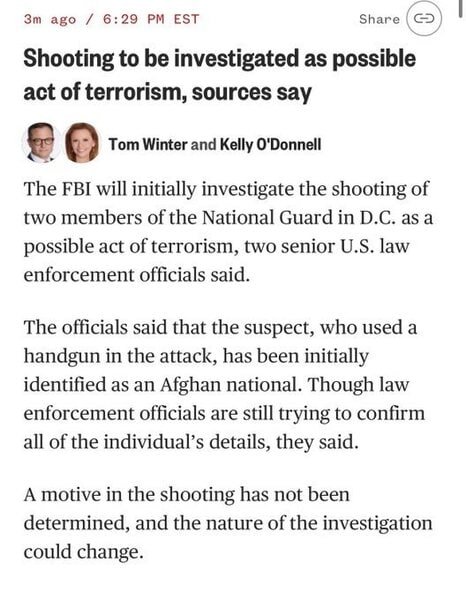 Suspect in Shooting of 2 National Guard Members Near White House Initially Identified as Afghan National