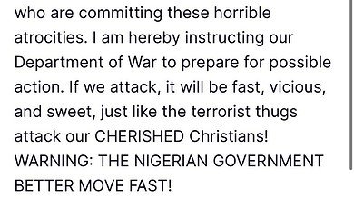 President Issues Stark Warning to Nigeria Over Attacks on Christians