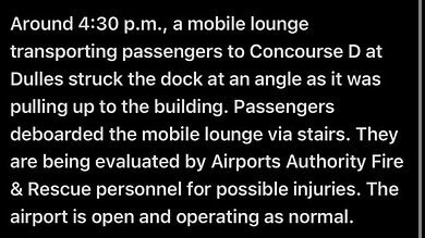 VIRGINIA: Mobile Lounge Crashes Into Concourse Dock at Dulles Airport
