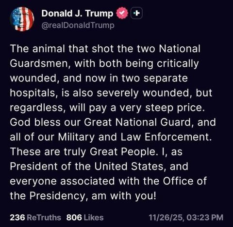 Trump: Two National Guard Members Critically Wounded in Shooting Near White House