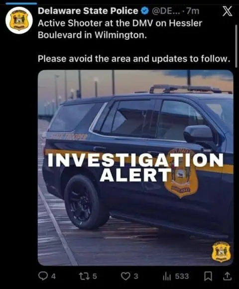 Police respond to reported active shooter at DMV in Wilmington, Delaware