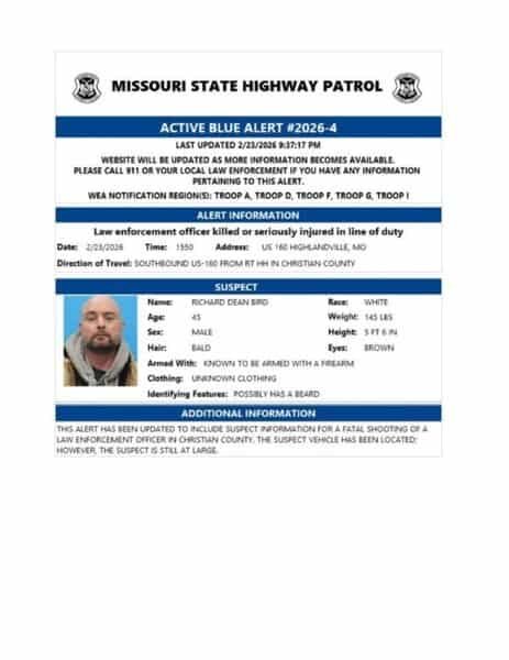 Blue Alert issued for Richard Dean Bird after deputy killed in Missouri traffic stop 1 Blue Alert issued for Richard Dean Bird after deputy killed in Missouri traffic stop