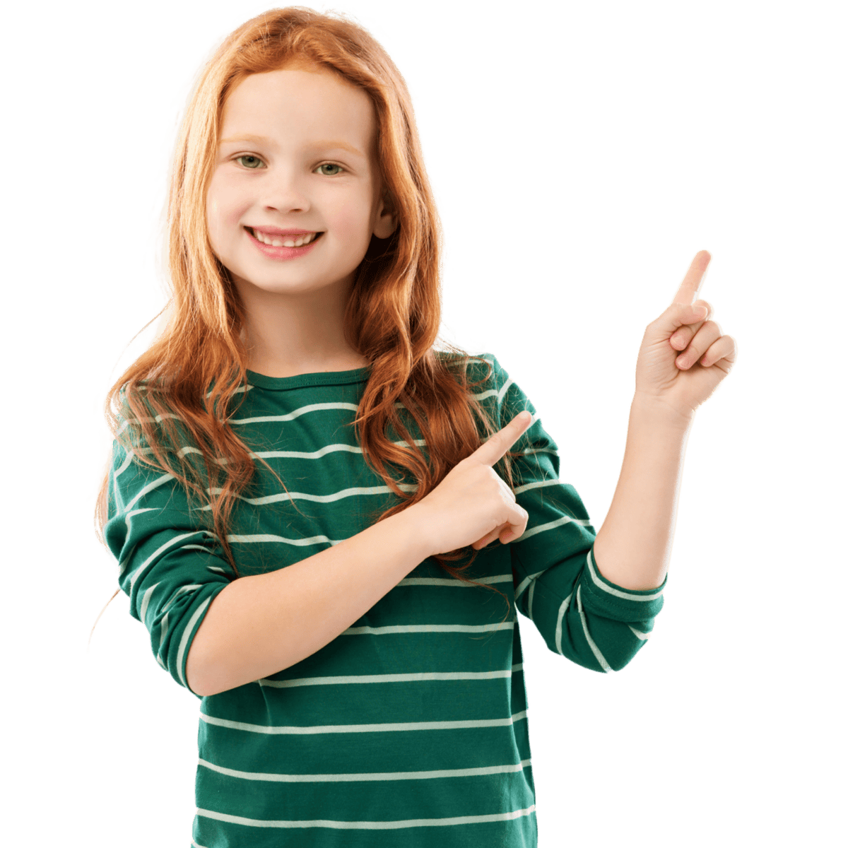 red haired girl pointing