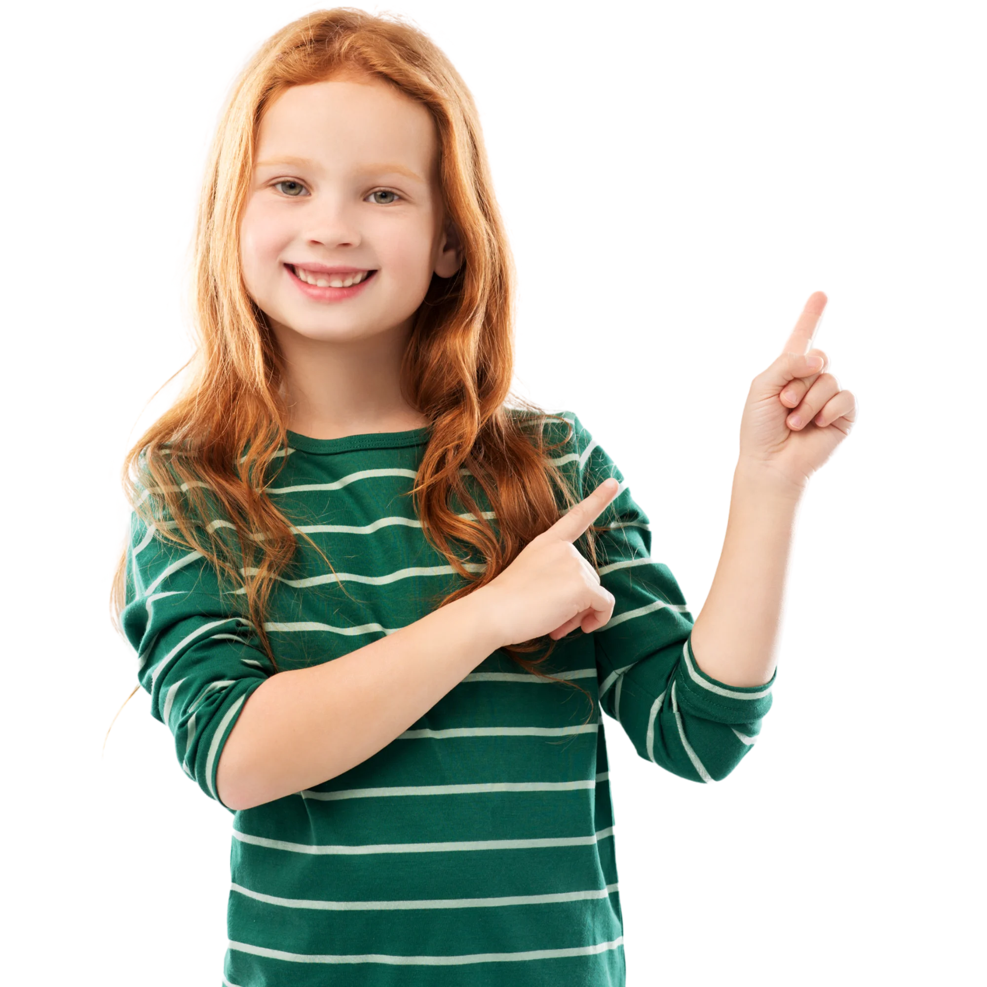 red haired girl pointing