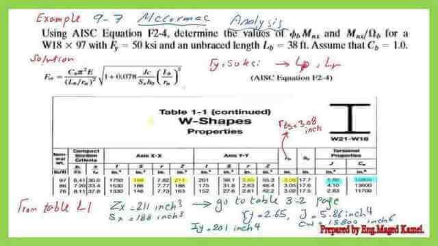 pict-4-List-of-steel-beam-part-2 Solved problem 9-7, When Lb>Lr, what is flexure strength?