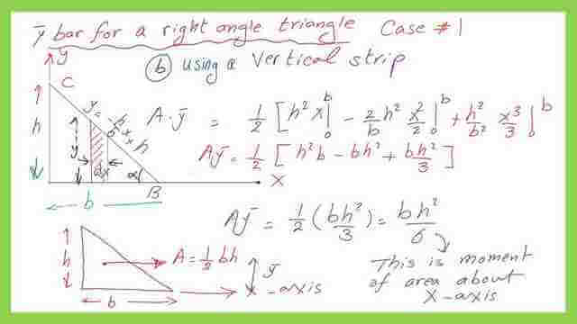 The value of the first moment of area for a right angle – case-1 by using a vertical strip about the x-axis.