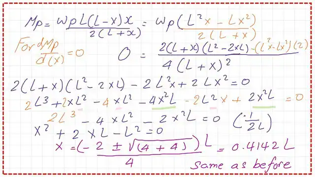 The value of x distance from support to plastic hinge