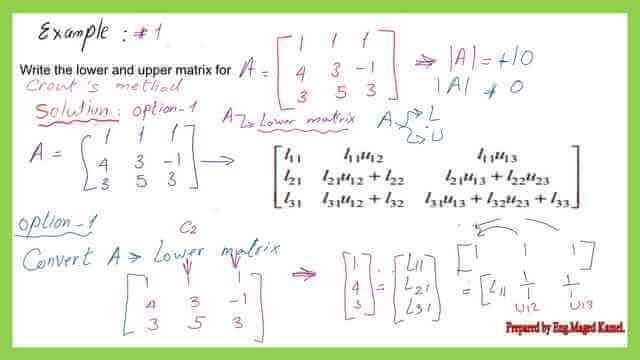 The first solved problem of the two solved problems for 3x3 matrix by Crout's LU decomposition.